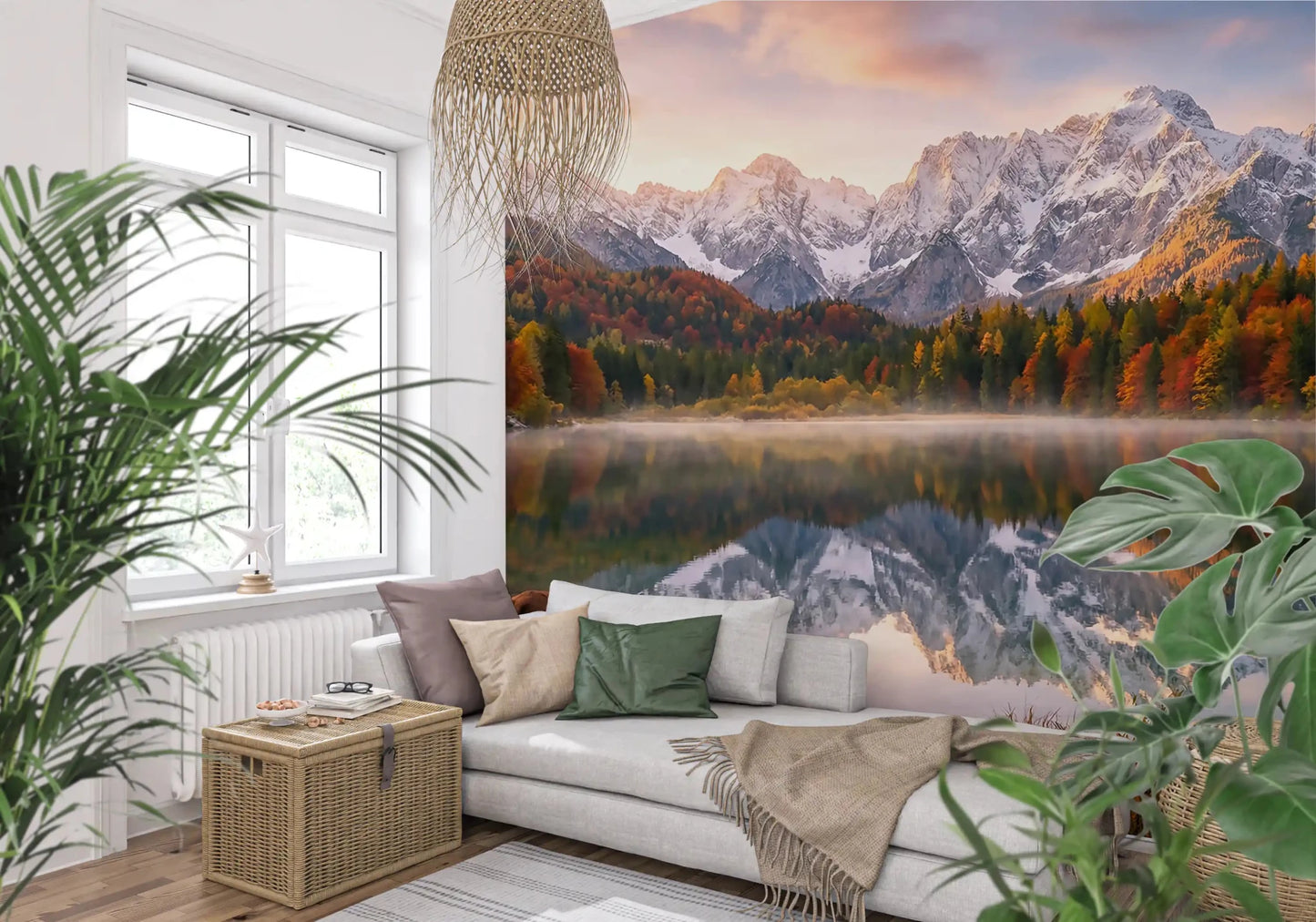 Nature wall mural with deer, lake reflection, and alpine fall landscape
