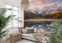 Nature wall mural with deer, lake reflection, and alpine fall landscape