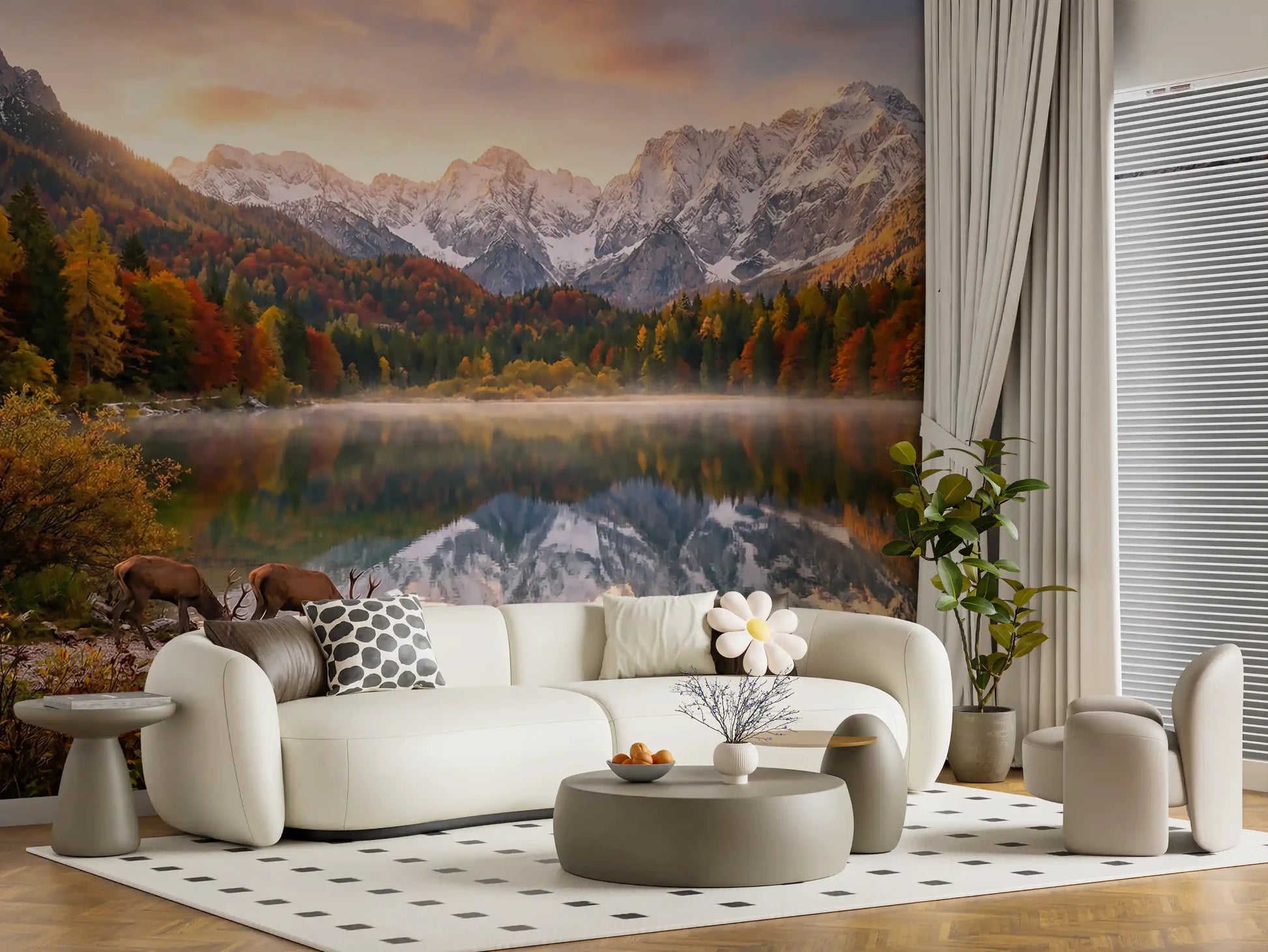 Autumn Reflection with Deer mural with mountains and golden foliage