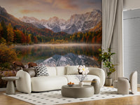 Autumn Reflection with Deer mural with mountains and golden foliage