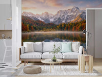 Alpine Autumn Reflection wall mural in hallway with golden forest detail