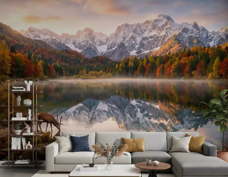 Scenic Alpine Autumn Reflection wall mural with deer near still water, GD9307