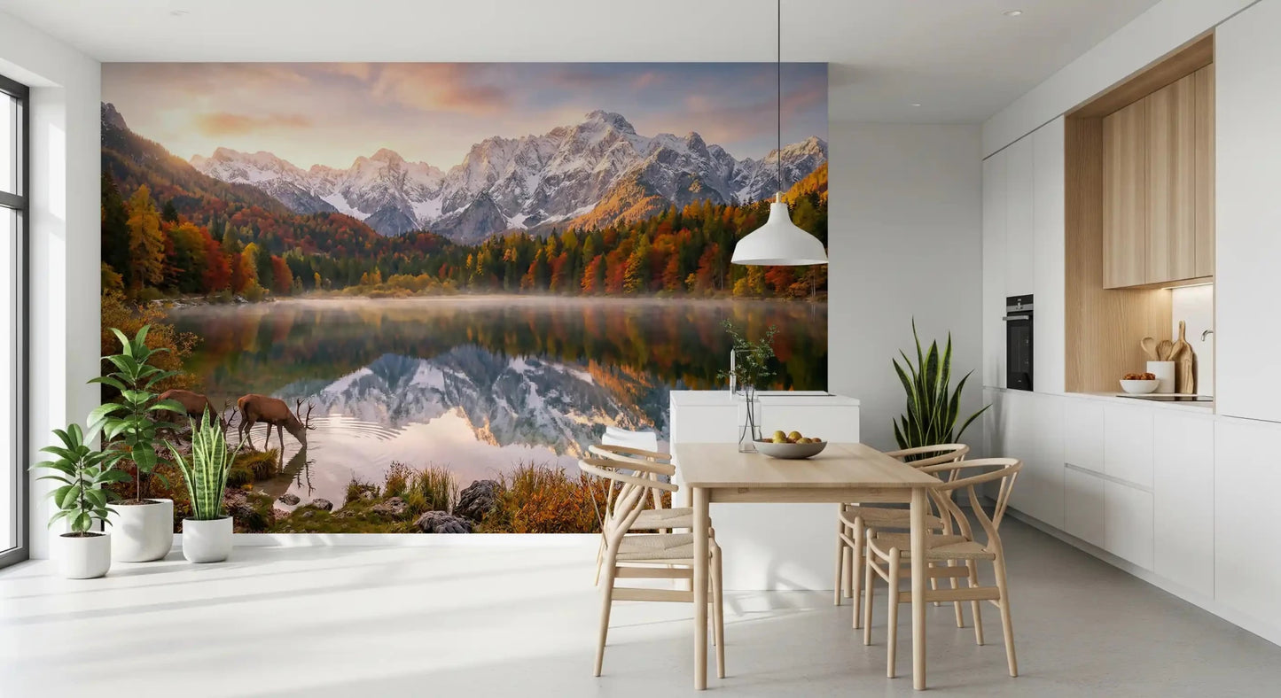 Deer Wall Mural for kitchen with calm water reflection and autumn trees