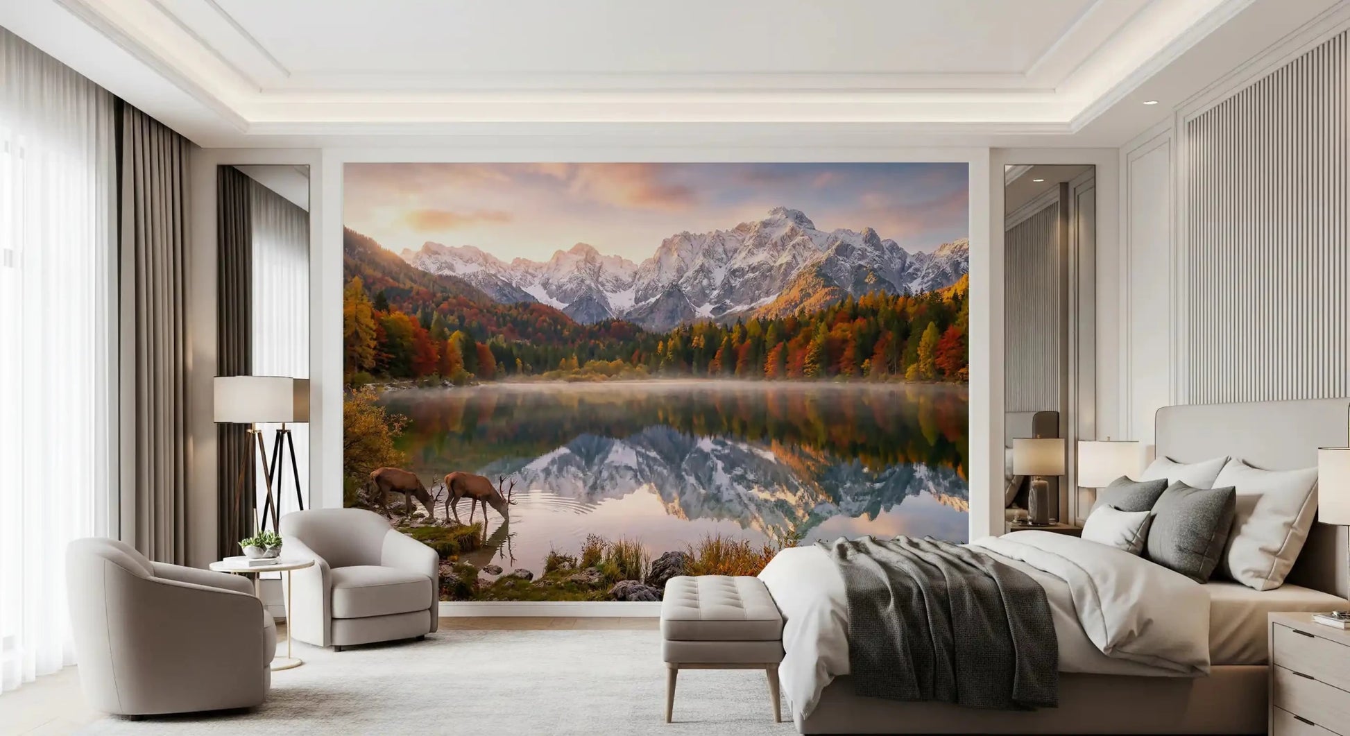 Autumn Reflection with Deer wall mural for bedroom with mountain scenery