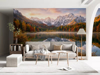 Detailed deer wall mural with autumn trees and mirrored water surface