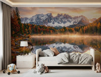 Mountain lake wall mural featuring Alpine Autumn Serenity in fall tones, GD9304