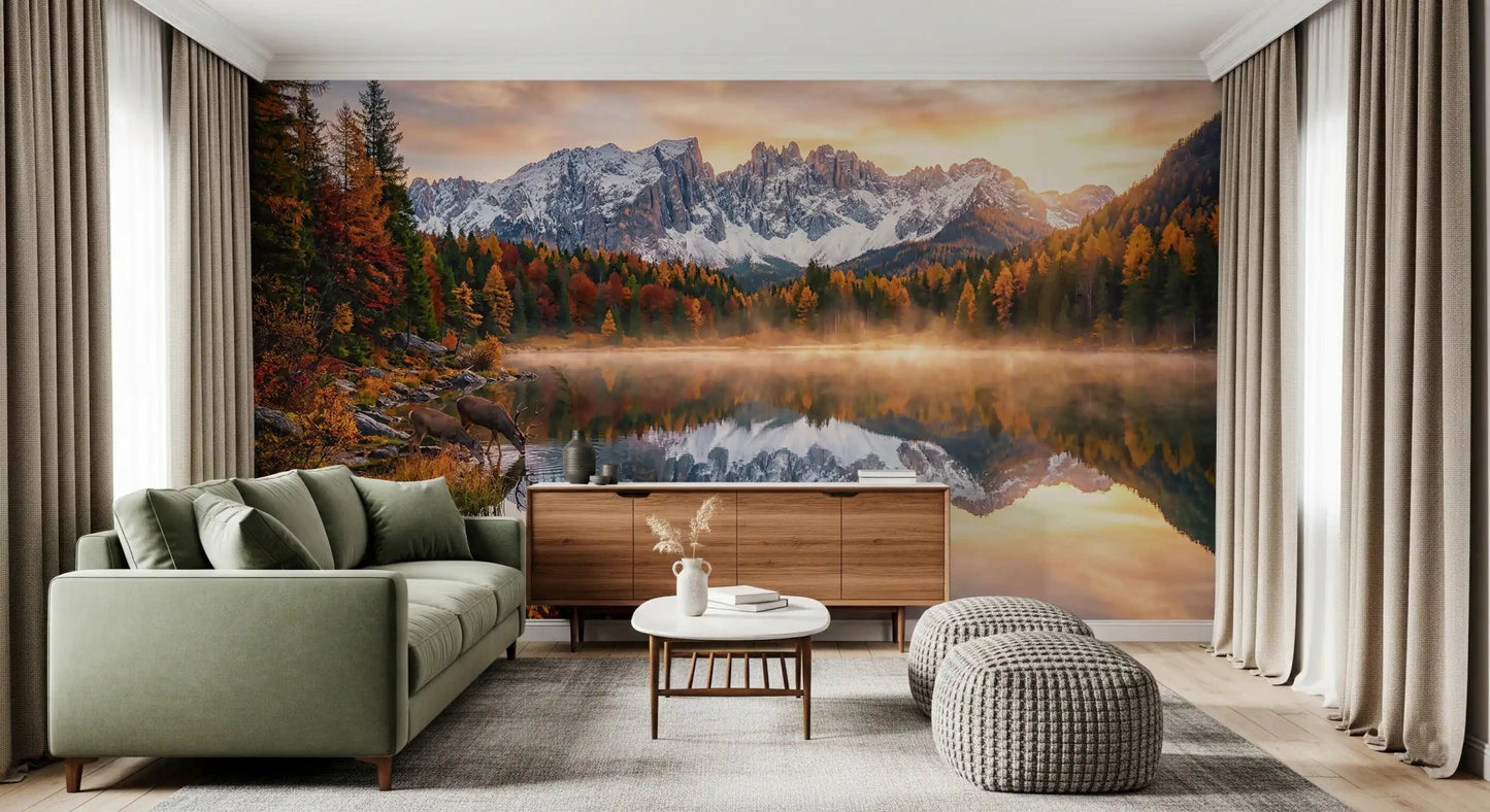 Peaceful Alpine Autumn Serenity wall mural with still water and sky glow, GD9304