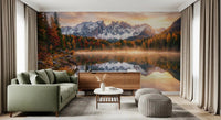 Peaceful Alpine Autumn Serenity wall mural with still water and sky glow, GD9304
