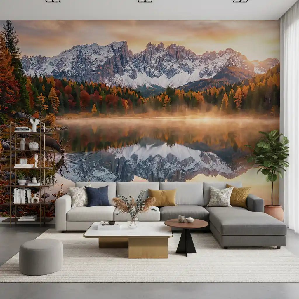 Alpine Autumn Serenity wall mural in living room with reflective fall lake, GD9304