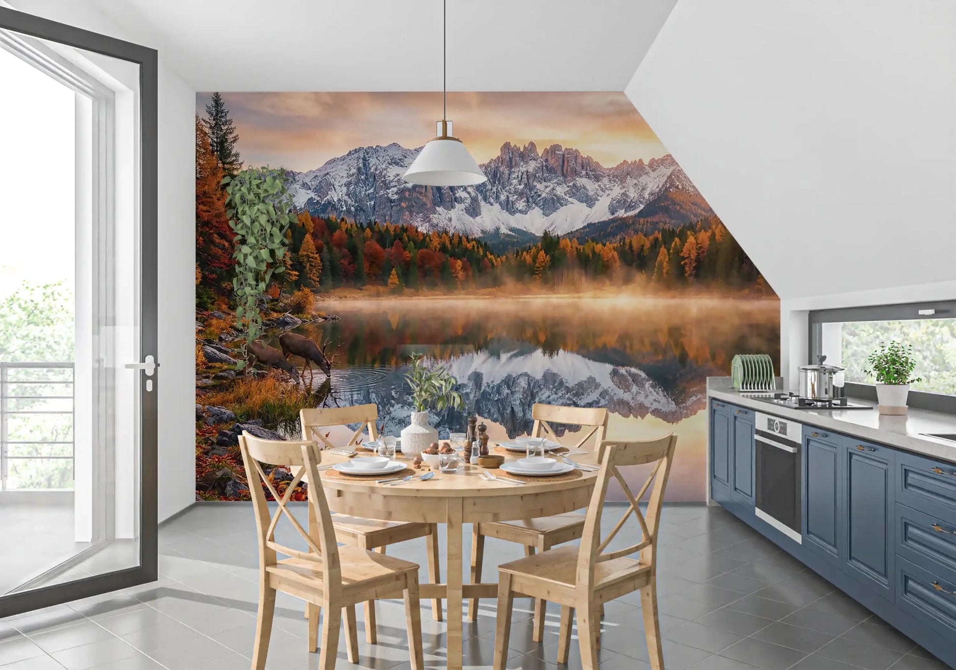 Lake view wall mural showing Alpine Autumn Serenity in warm seasonal color, GD9304