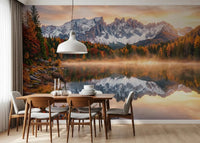 Dining room wall with Alpine Autumn Serenity mural and calm alpine scenery, GD9304