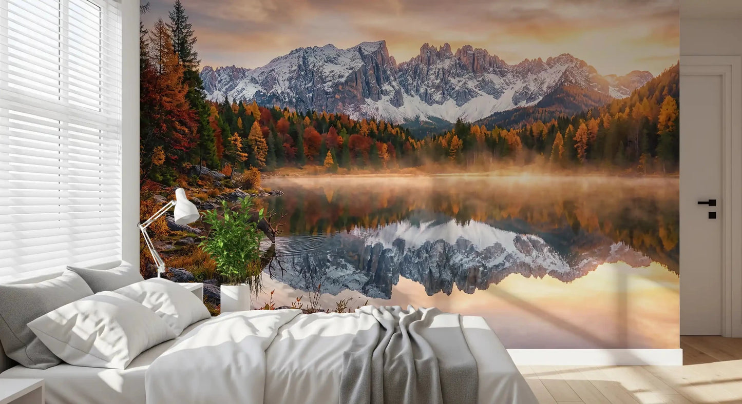 Bedroom styled with Alpine Autumn Serenity mural and warm mountain view, GD9304