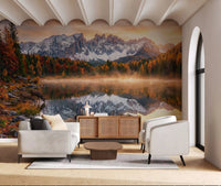 Nature wall mural with Alpine Autumn Serenity and mirrored woodland detail, GD9304