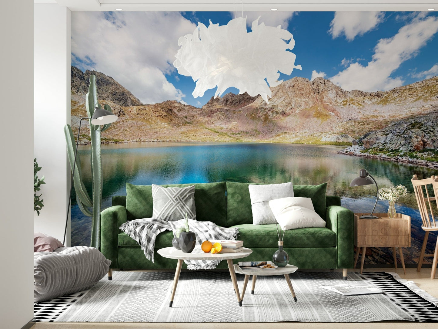 Natural light works beautifully with Alpine Azure Wall Mural in this relaxed Living corner