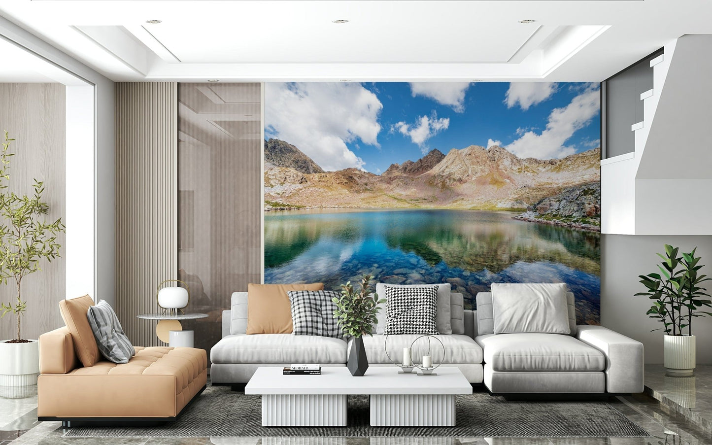 This living room feels lighter with Alpine Azure Wall Mural and a wide scenic backdrop