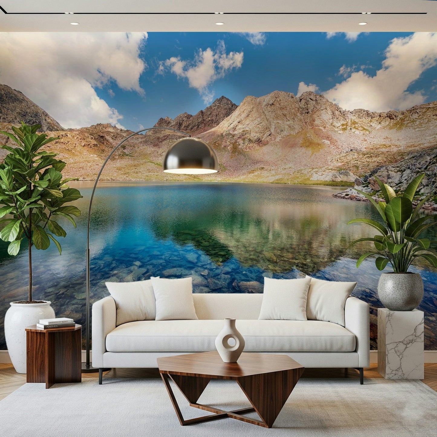 A soft lounge corner gains fresh landscape depth from Alpine Azure Wall Mural