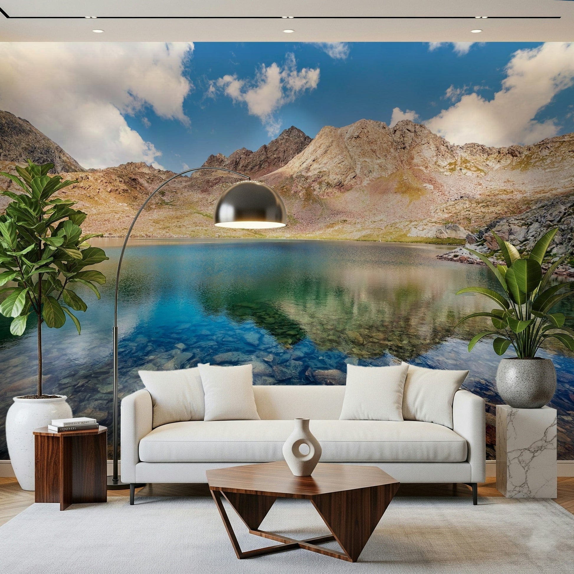 A soft lounge corner gains fresh landscape depth from Alpine Azure Wall Mural