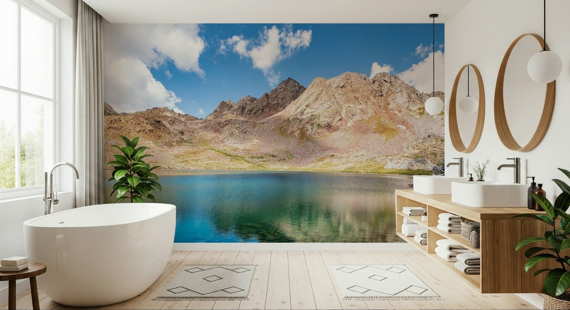 Alpine Azure Wall Mural brings crisp alpine calm into this clean bathroom setting