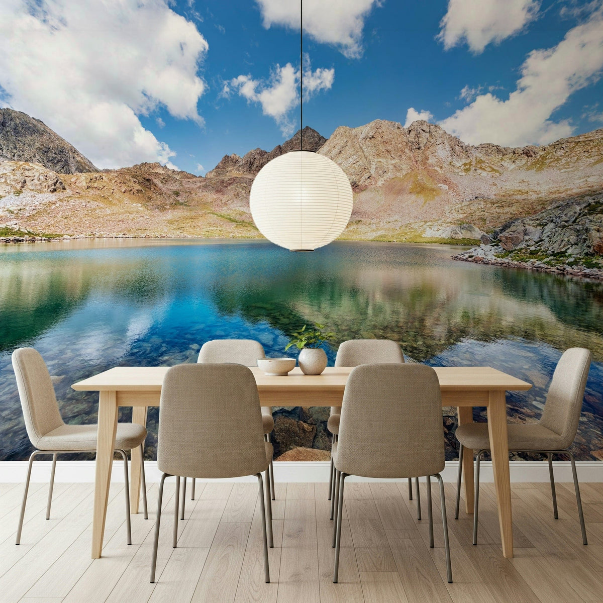 Alpine Azure Wall Mural sets a clear mountain lake view behind this modern dining space, GD7923