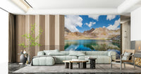 Alpine Azure Wall Mural adds cool mountain clarity to this large modern sitting room