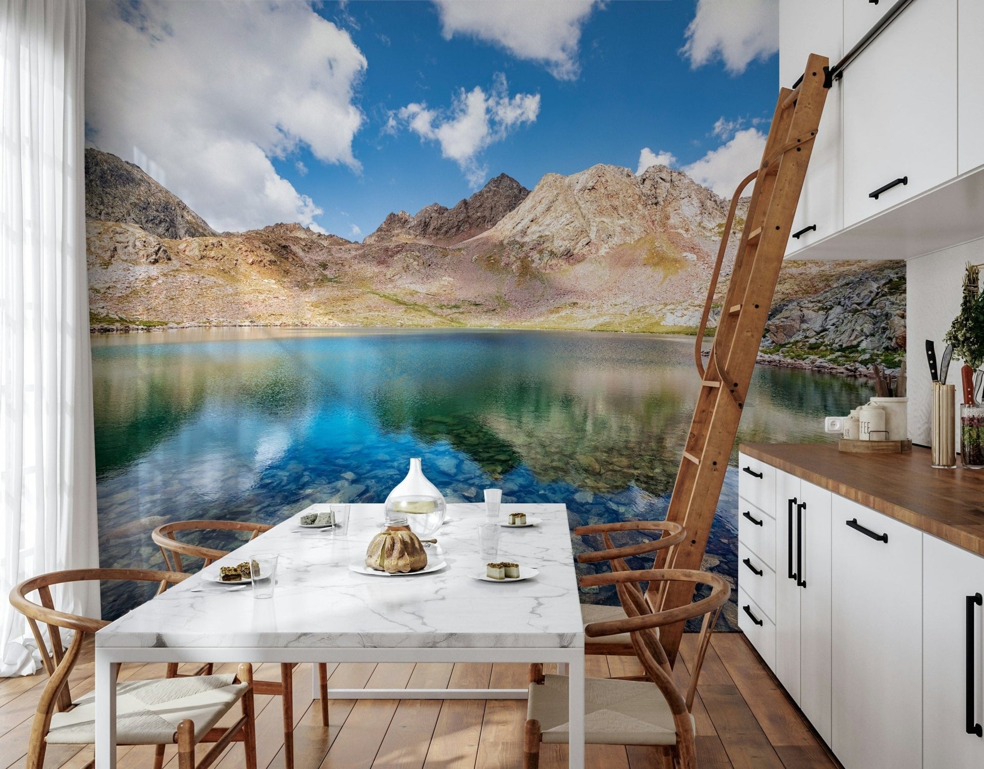 A bright breakfast nook feels fresher with Alpine Azure Wall Mural and blue water reflections