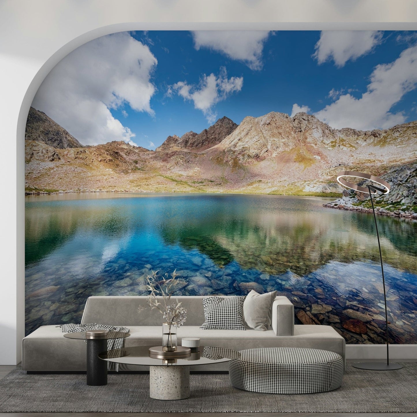 Framed within an arched wall, Alpine Azure Wall Mural gives this lounge a scenic feature