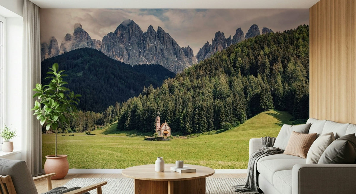Alpine Chapel Vista Wall Mural with majestic mountain scenery GD7318
