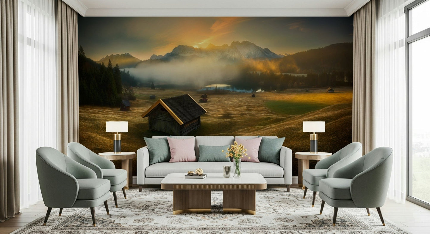 A serene mountain landscape wall mural for scenic decor., GD5933