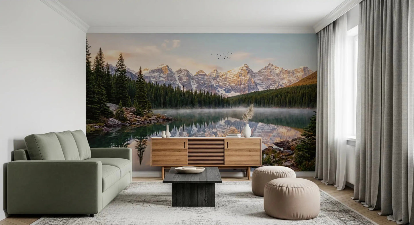Serene Alpine Dawn Reflection mural with crisp ridges and lake mirror