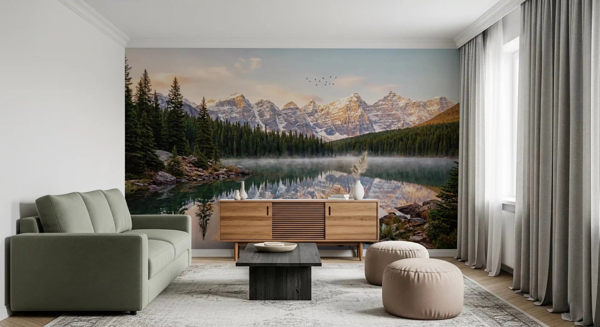 Serene Alpine Dawn Reflection mural with crisp ridges and lake mirror