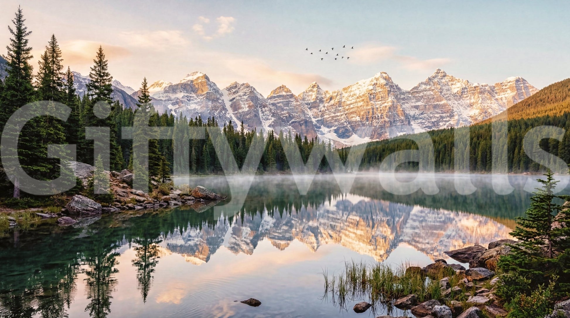 Lake view wall mural with Alpine Dawn Reflection and misty mountain line