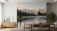 Peaceful Alpine Dawn Reflection wall mural with layered peaks and water