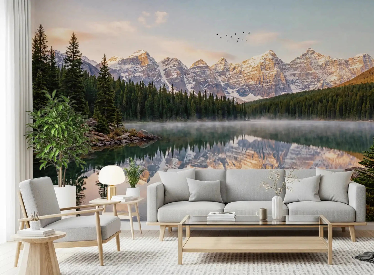Alpine Dawn Reflection wall mural in living room with calm lake sunrise
