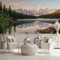 Scenic Alpine Dawn Reflection mural with still lake and pale sky tones