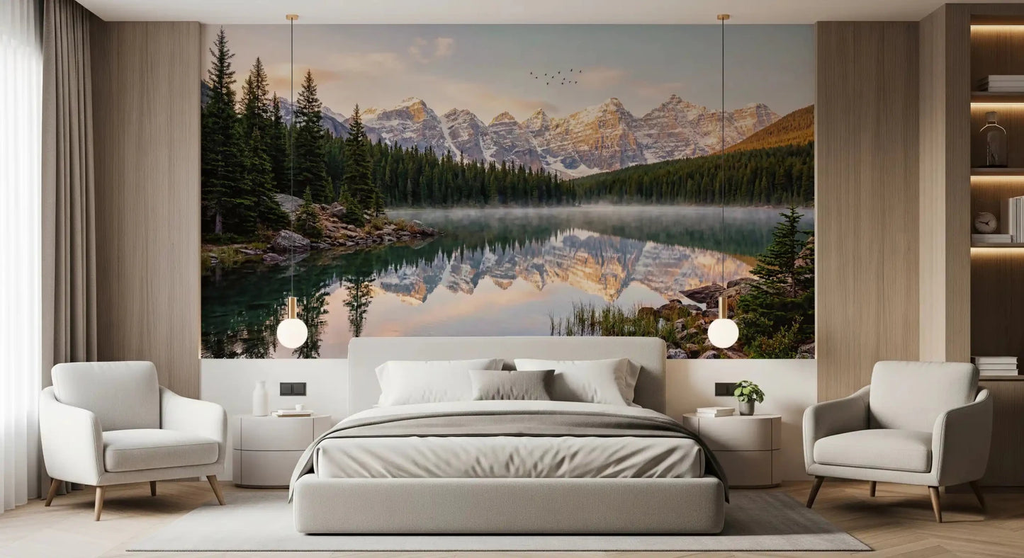 Bedroom space with Alpine Dawn Reflection wall mural and alpine scenery