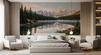 Bedroom space with Alpine Dawn Reflection wall mural and alpine scenery