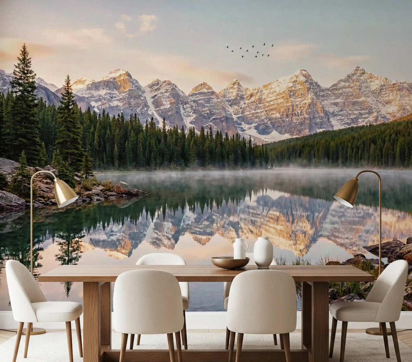 Nature wall mural with Alpine Dawn Reflection and autumn shoreline detail