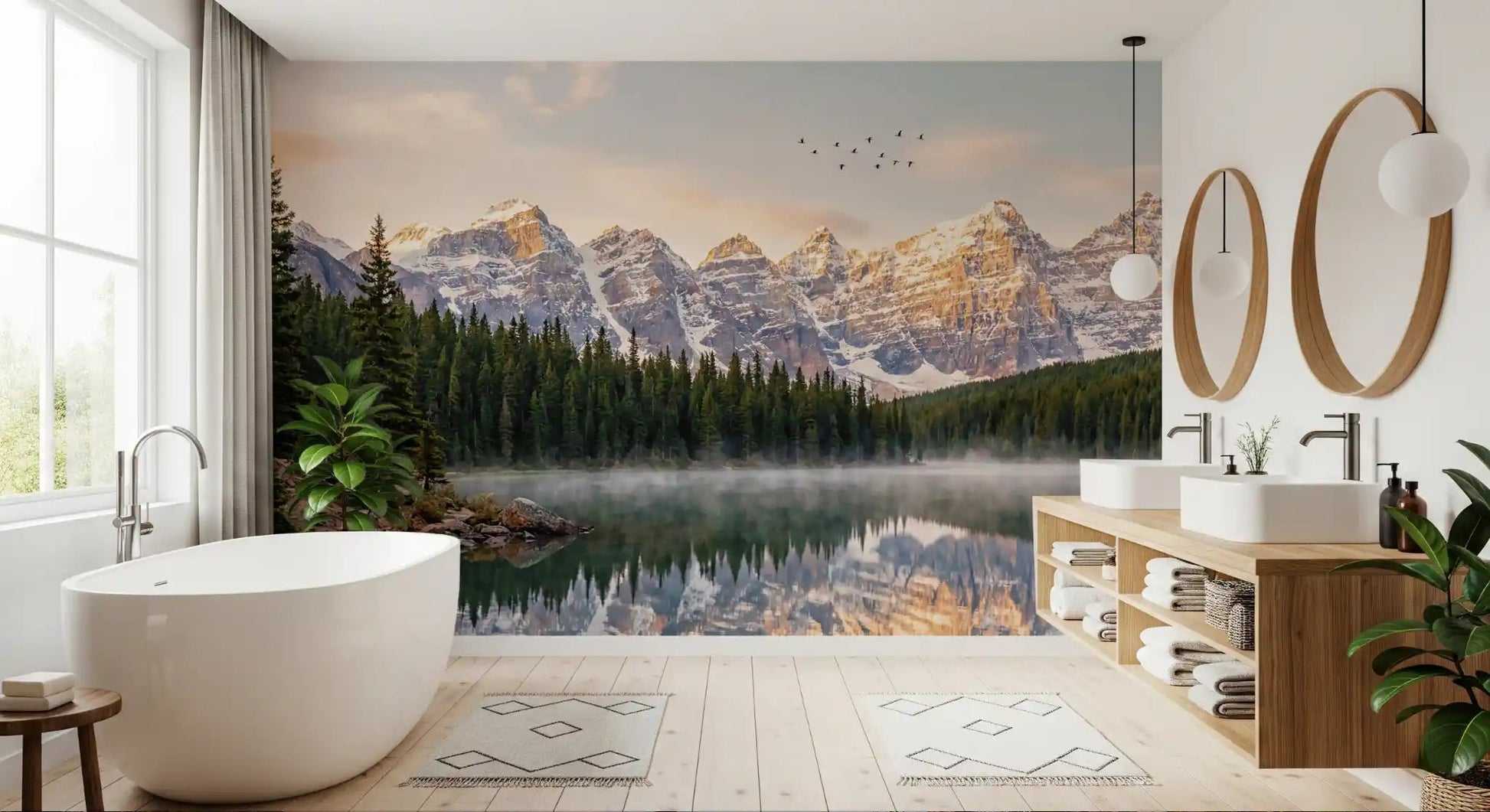 Landscape wall mural showing Alpine Dawn Reflection in soft morning color