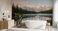 Alpine Dawn Reflection wall mural in bathroom with mirrored water view