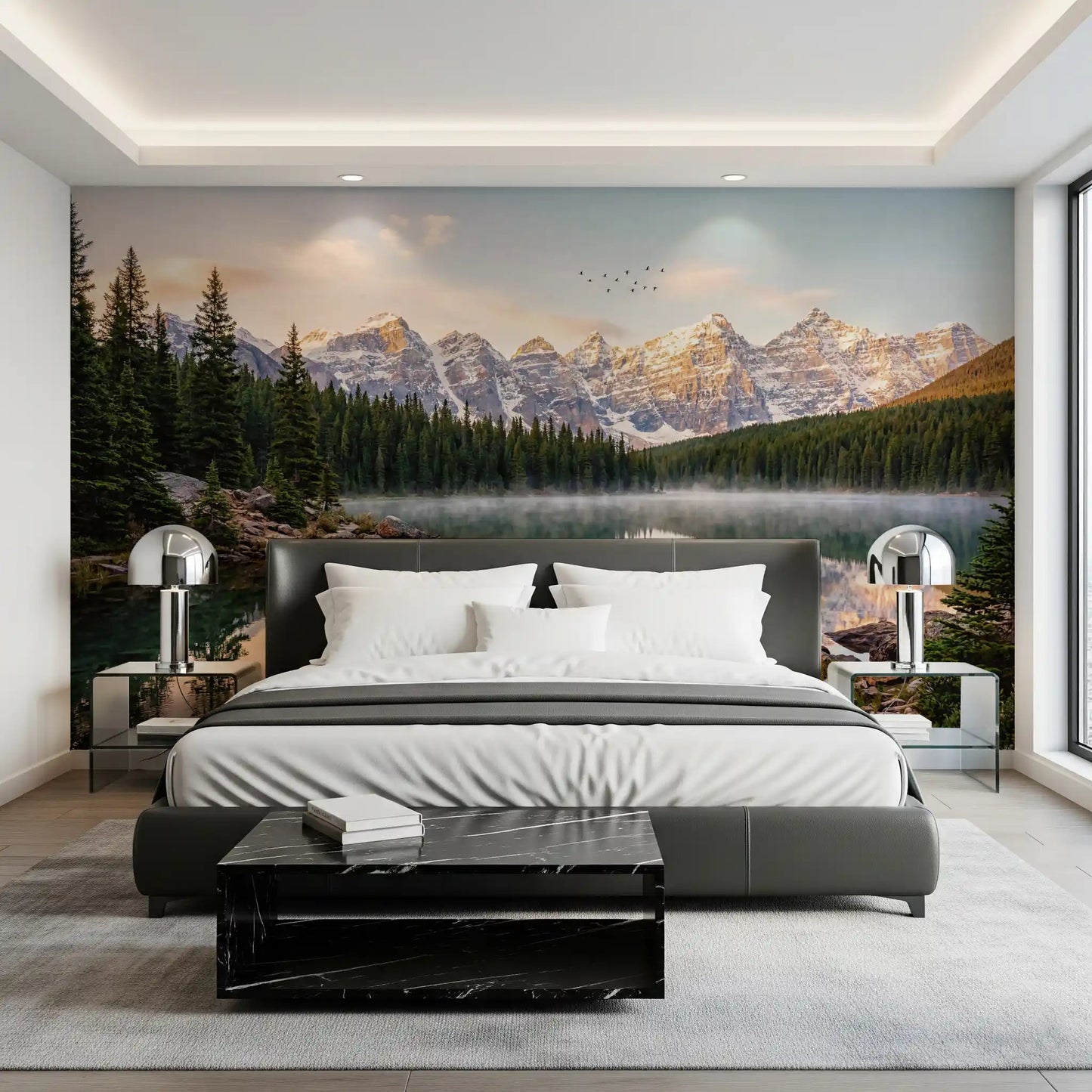 Bedroom wall with Alpine Dawn Reflection mural and soft mountain glow