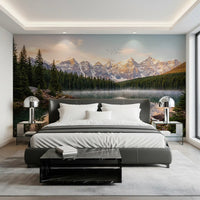 Bedroom wall with Alpine Dawn Reflection mural and soft mountain glow