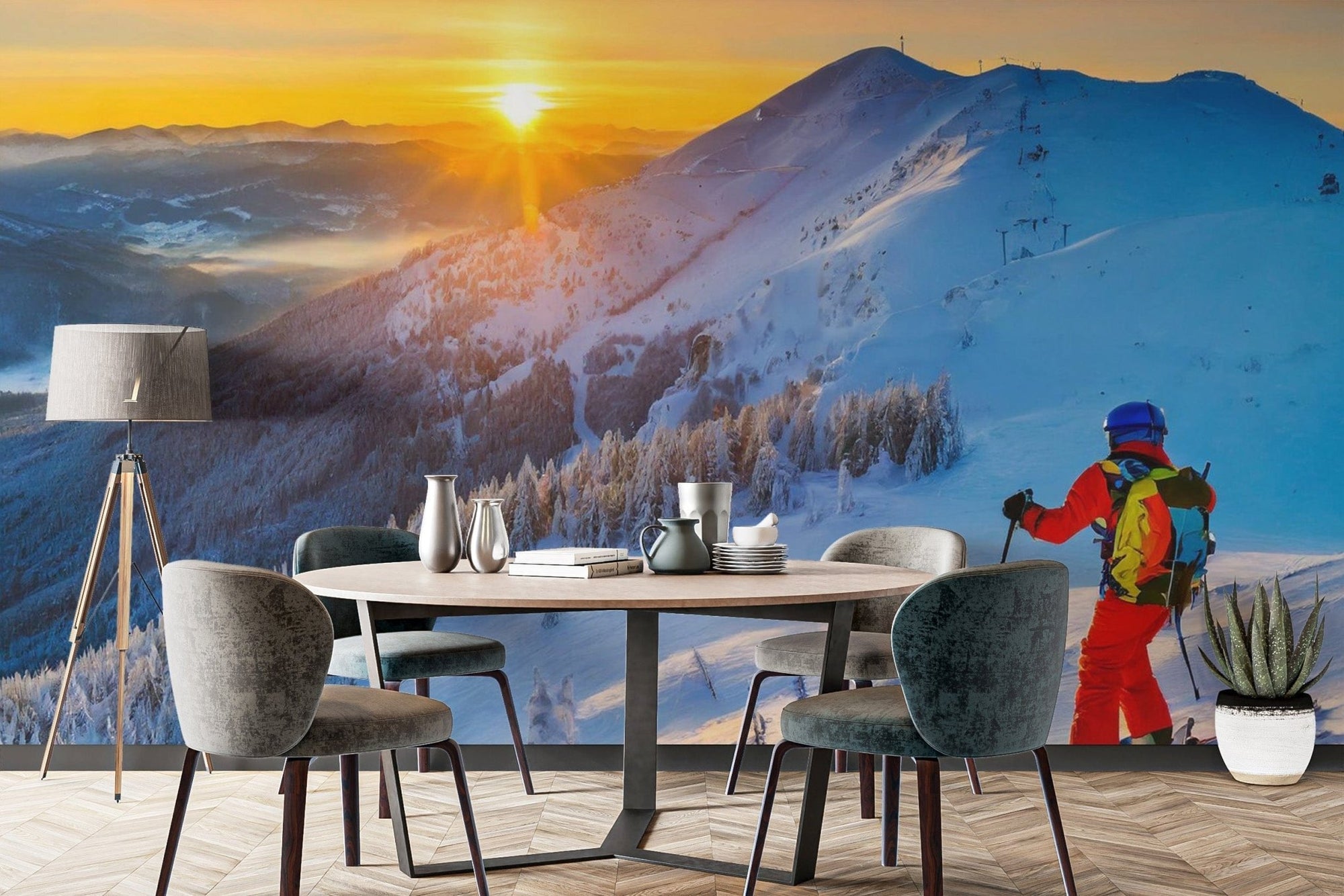 Sophisticated Alpine Dawn Skiing Adventure mural for dining room walls., C310