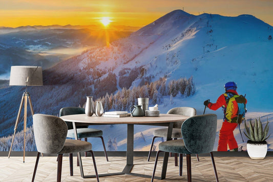 Sophisticated Alpine Dawn Skiing Adventure mural for dining room walls.