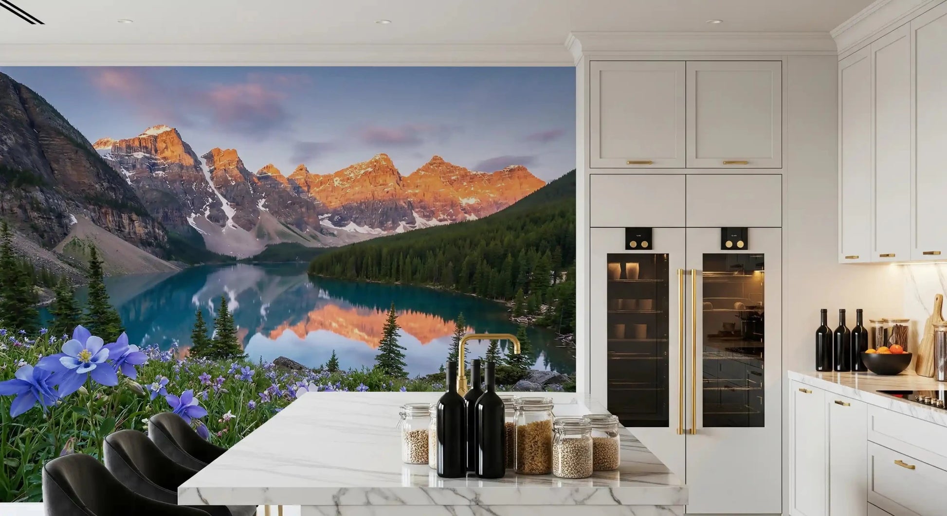 Golden sunset light catches the peaks in Alpine Glow Lakeside Blooms wall mural.GD9535