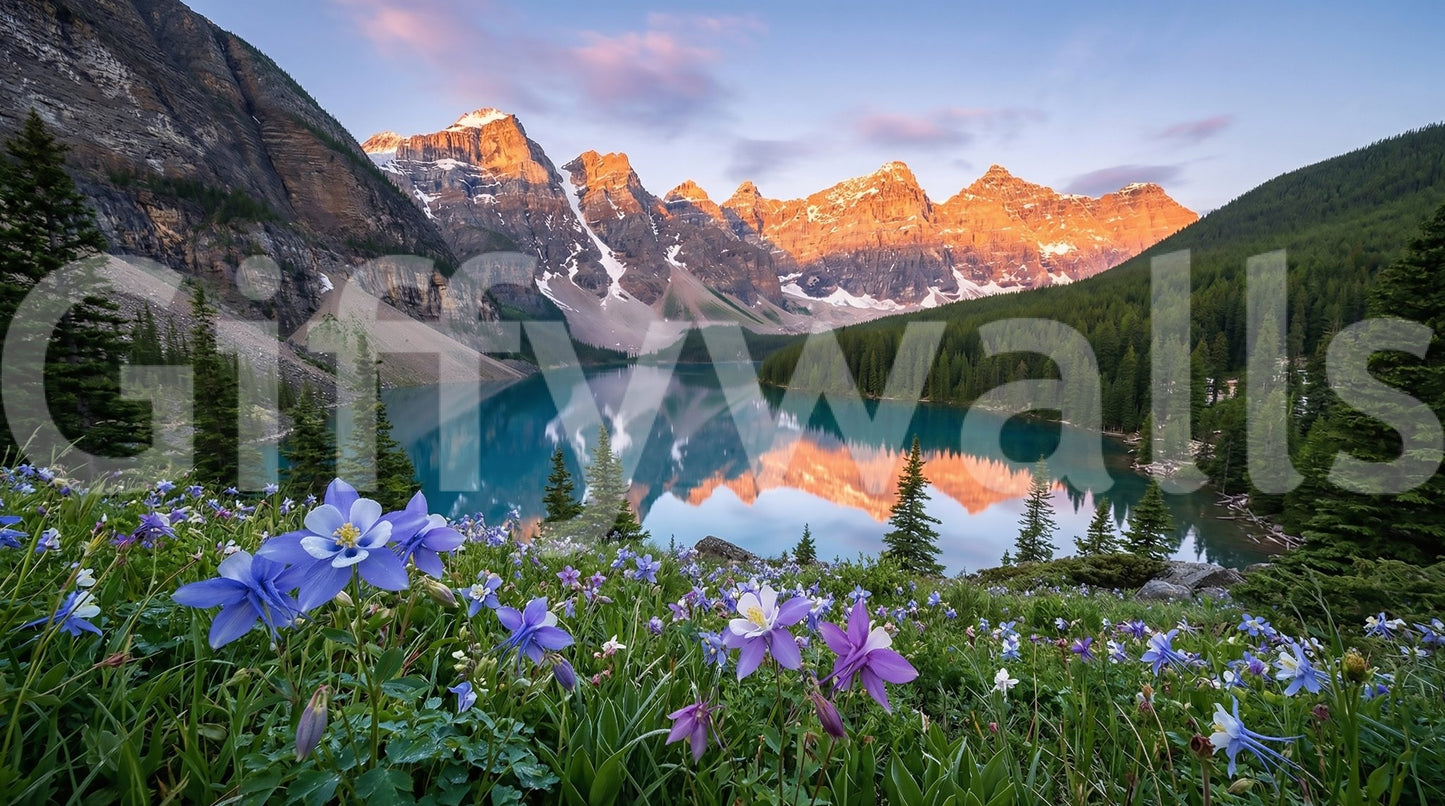 Soft pastel skies sit above the peaks of Alpine Glow Lakeside wall mural.GD9535