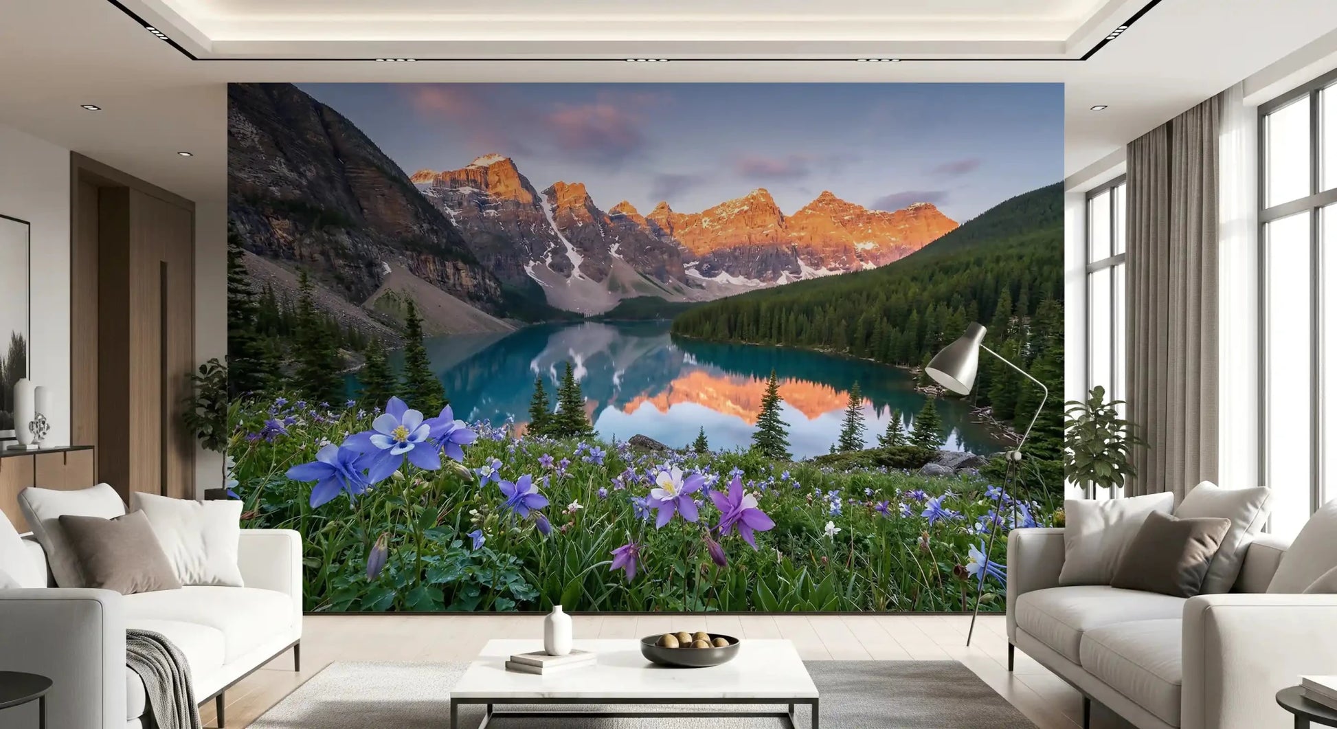Purple and white columbine flowers fill the foreground of Lakeside Blooms wall mural.GD9535