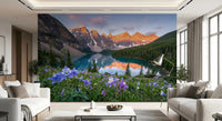 Purple and white columbine flowers fill the foreground of Lakeside Blooms wall mural.GD9535