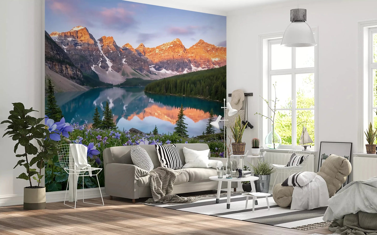 Wildflowers and turquoise water fill a living room with Alpine Glow Blooms wall mural.GD9535