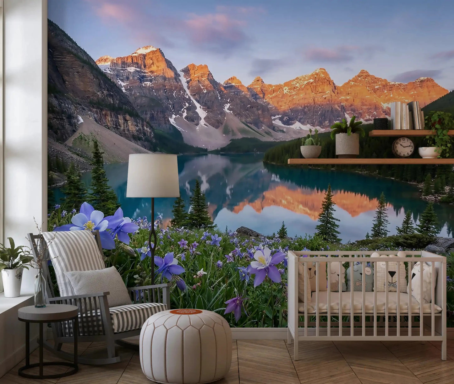 Nursery area feel scenic with Lakeside Blooms wall mural in alpine hues.
GD9535