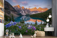 Mountain views carry calm into a Nursery with Lakeside Blooms wall mural panels.GD9535